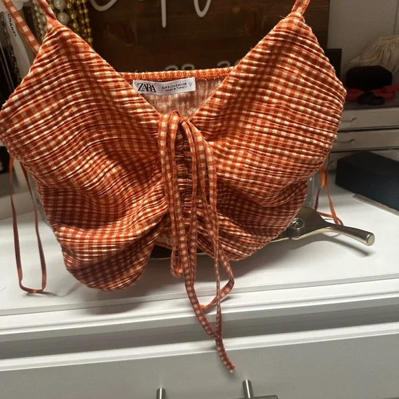 Zara Orange and White Ruched Midi Skirt and Top - Picture 7 of 9